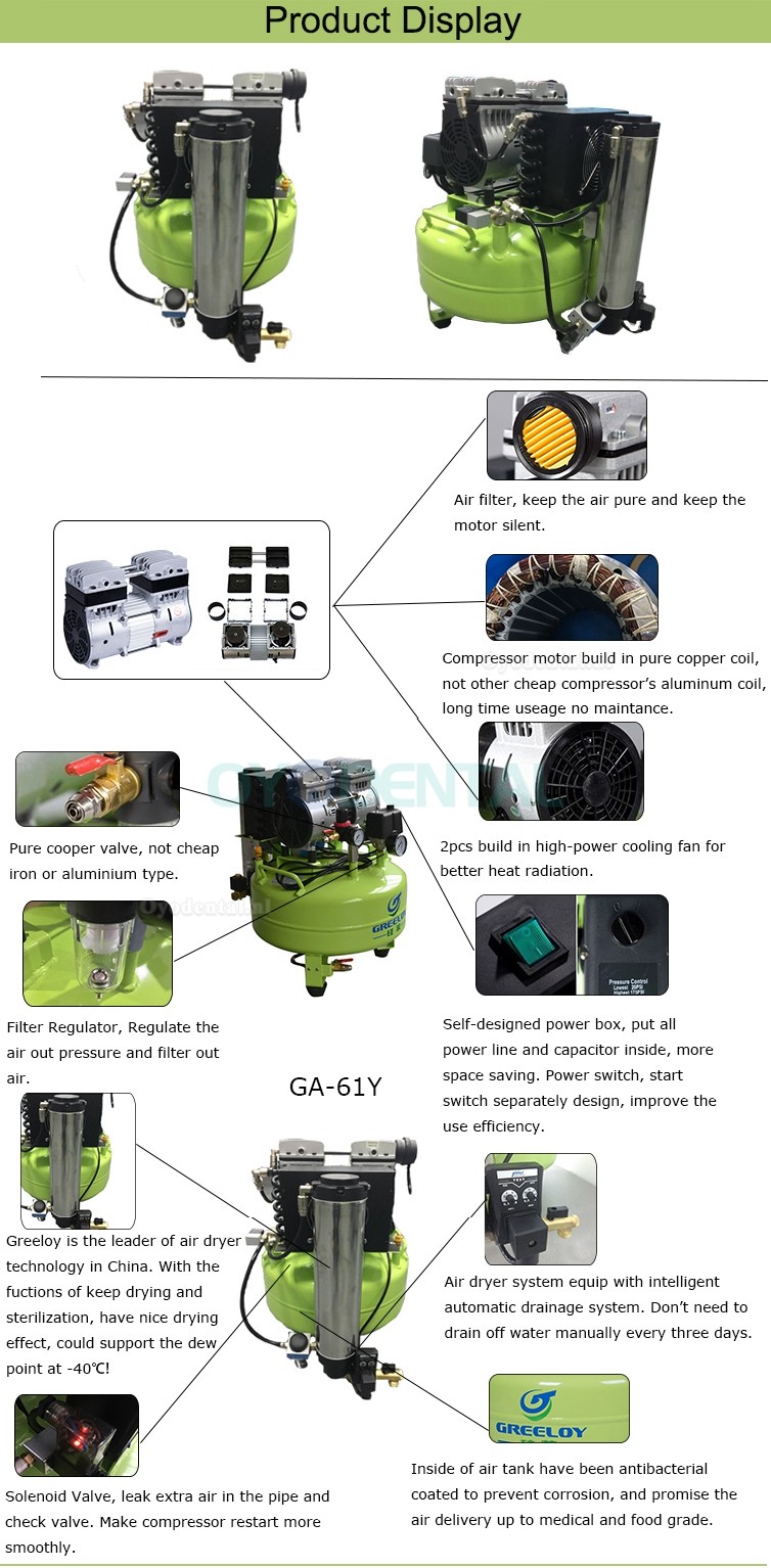 Greeloy® Tandheelkundige olievrije luchtCompressor Met droger GA-61Y